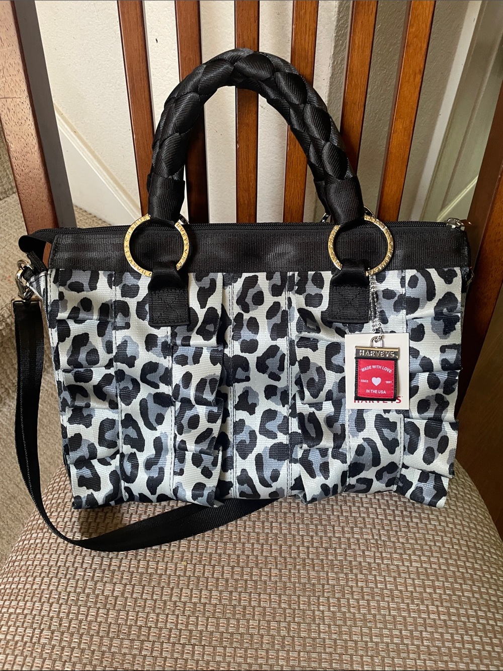 Harveys Black & White Leopard Lola Satchel Bag with Braided Handles
